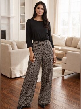 Max Studio Wide Leg Pants Medium Boho Geometric Print High Waist Button Detail